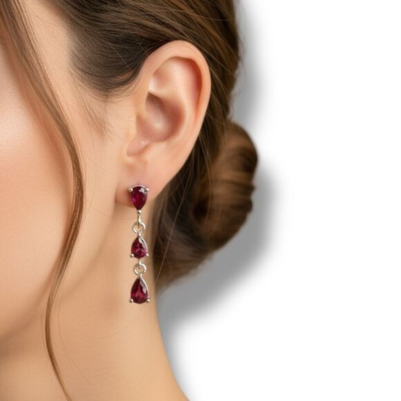 Ruby Gemstone Silver Dangling Post Earrings - Picture 1 of 3
